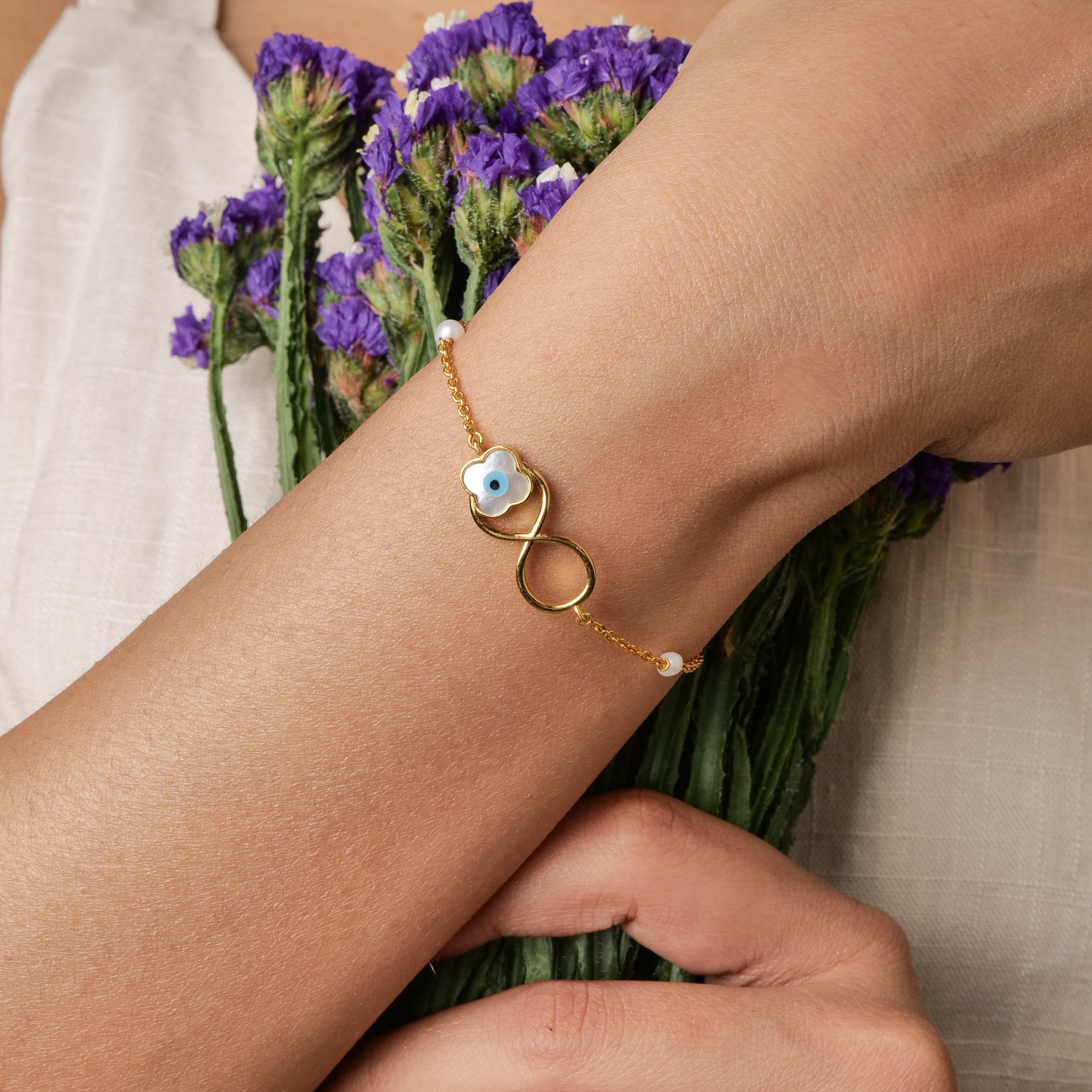 Infinity Evil Eye with Mother Of Pearl Flower Bracelet
