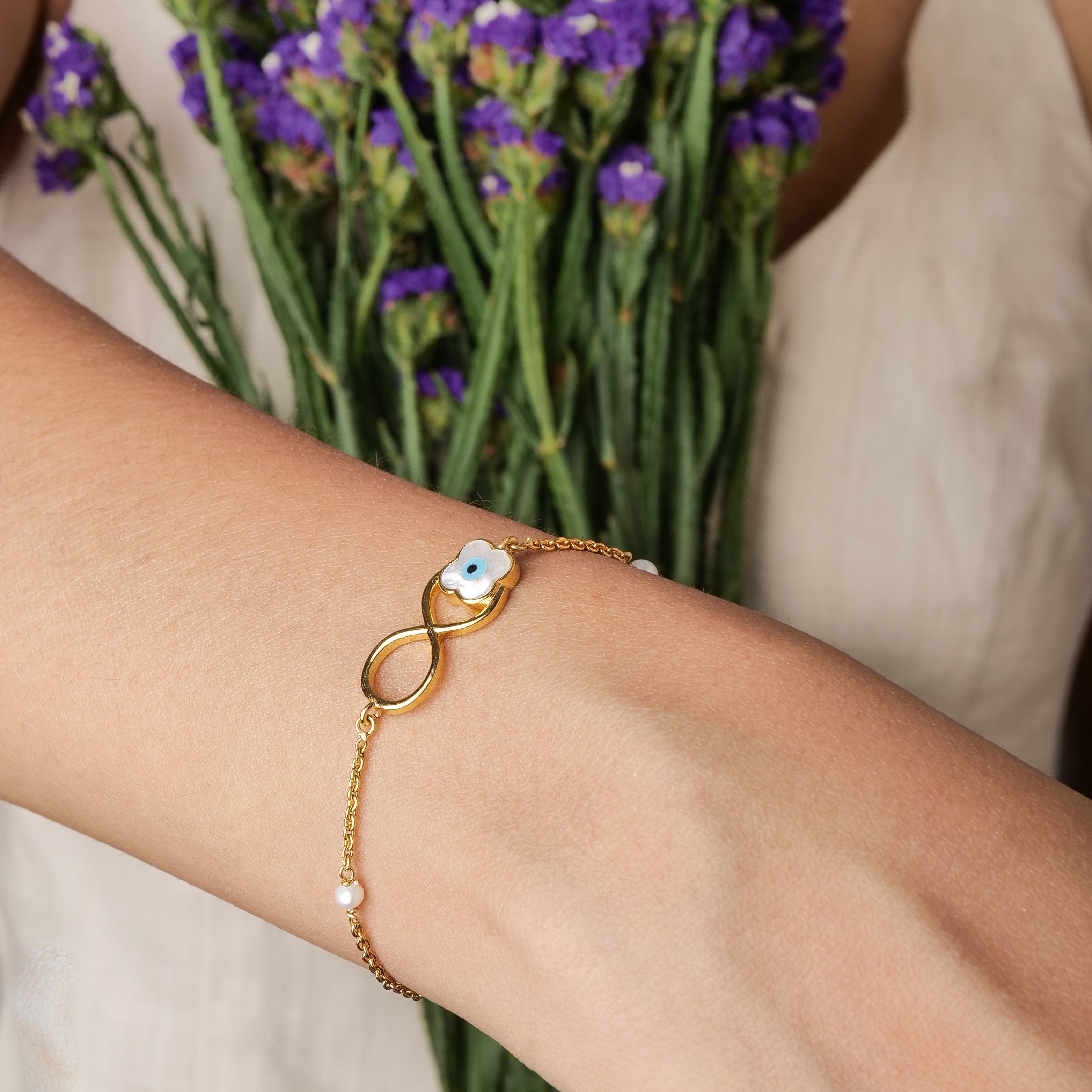 Infinity Evil Eye with Mother Of Pearl Flower Bracelet
