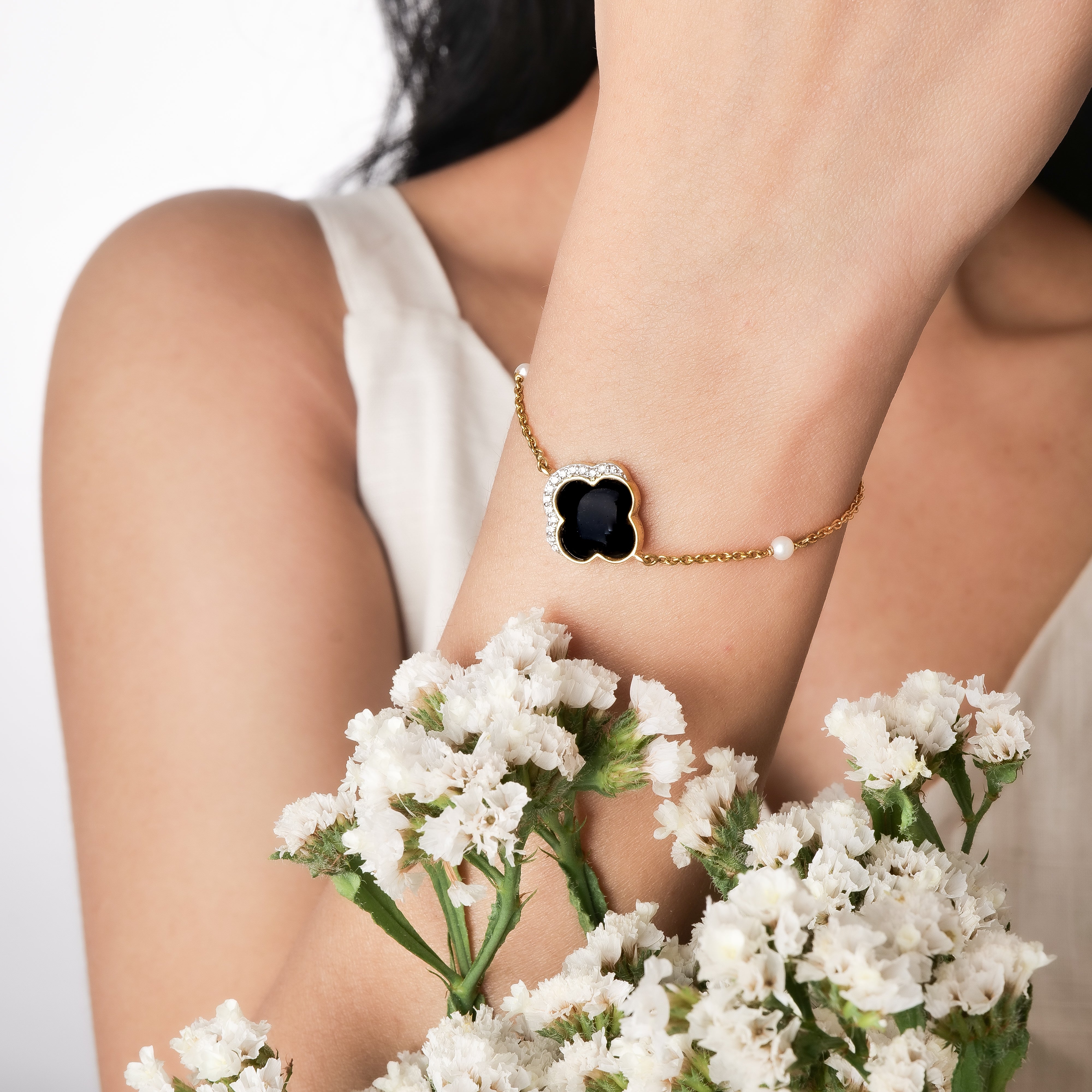 Black Onyx with Diamonds & Pearl Bracelet