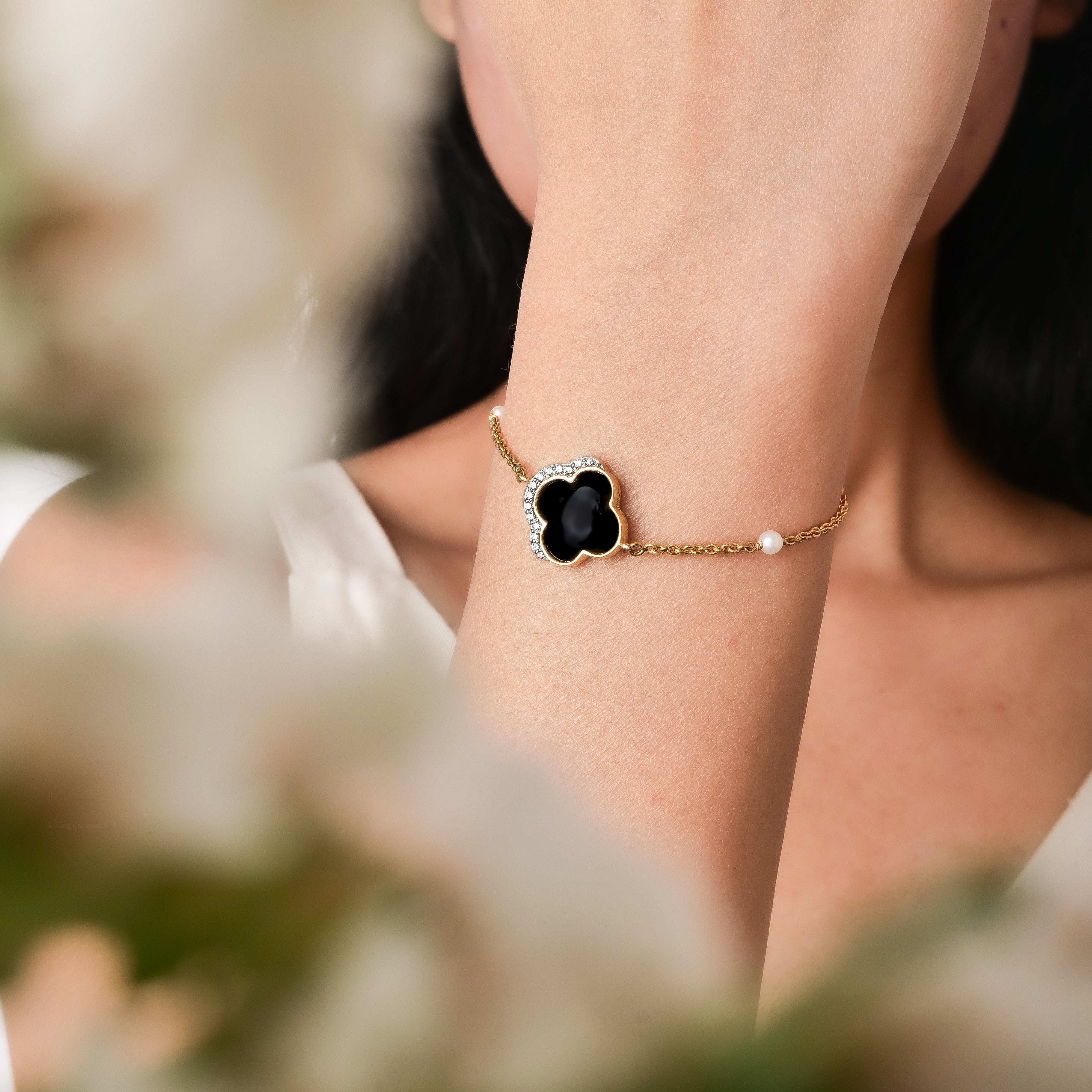 Black Onyx with Diamonds & Pearl Bracelet